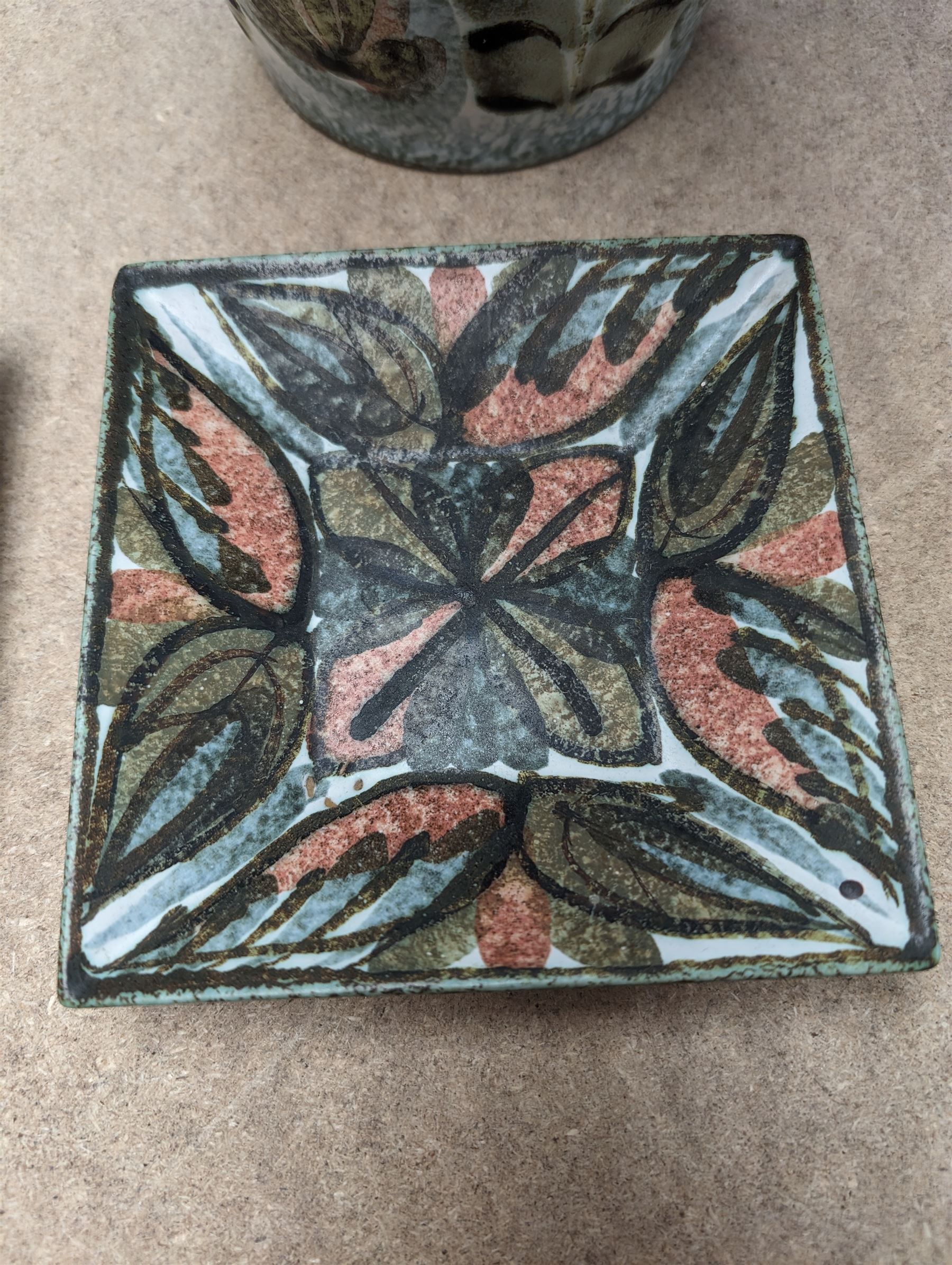 Denby Glyn Colledge vase, together with three Denby Glen Colledge trinket dishes, vase H34.5cm