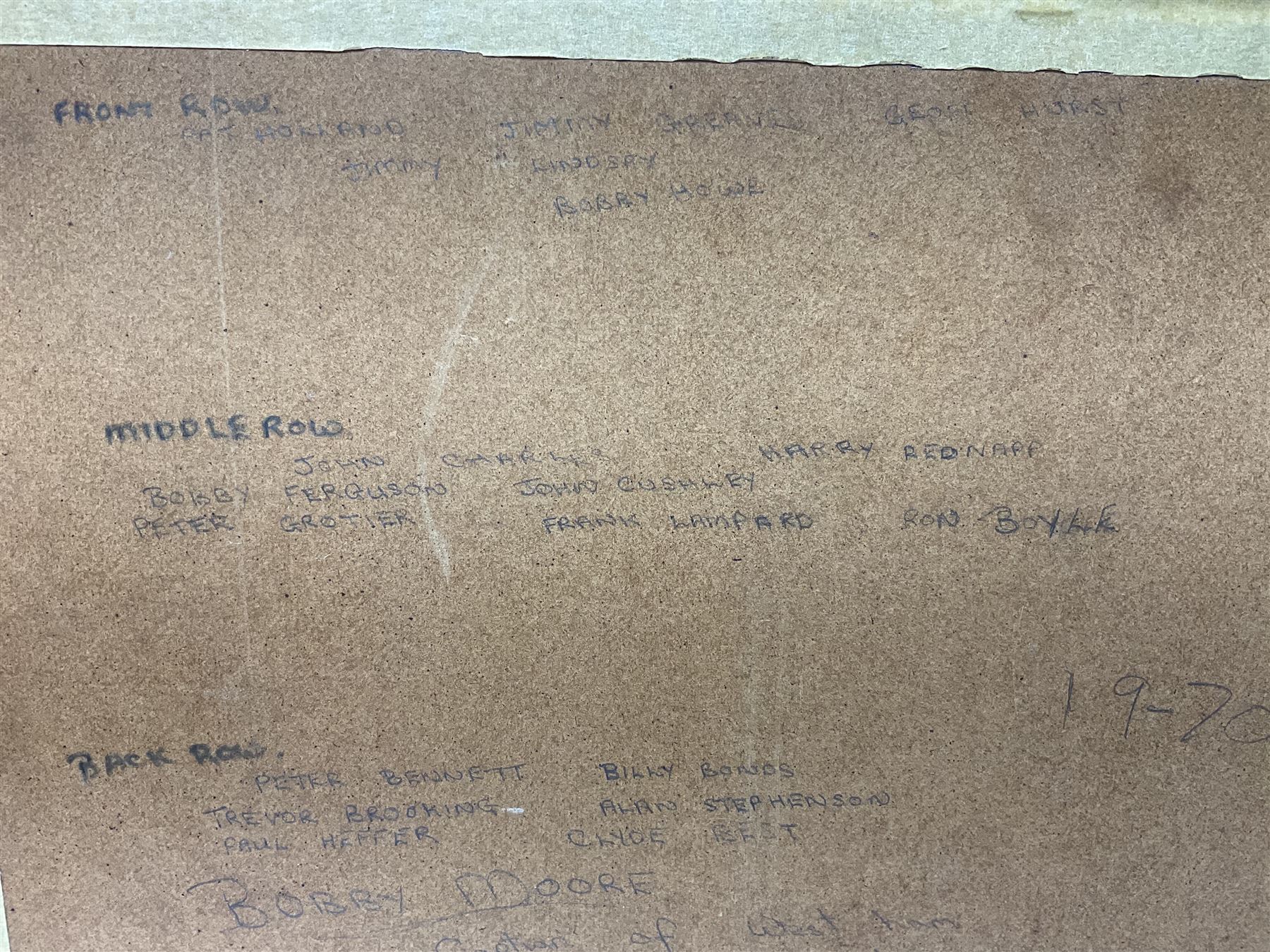 1970-1 photograph of West Ham United FC squad members, including Bobby Moore, Geoff Hurst, Harry Redknapp, Trevor Brooking, Jimmy Greaves, Billy Bonds etc, most players with signatures, 30 x 45cm, framed and glazed