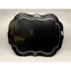 Victorian papier-mâché tray of shaped oval form, with hand painted floral decoration and mother of pearl detail, L79cm, W61cm