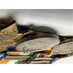 South Africa/WW1 Distinguished Service Order group of seven medals comprising D.S,O. with original ribbon bar and top bar slider, Queens South Africa Medal with three clasps for Defence of Kimberley, Orange Free State and Transvaal, Kings South Africa Medal with two clasps for South Africa 1901 & 1902 awarded to Capt. C.J. O'Gorman D.S.O. R.A.M.C., 1914-15 Star, British War Medal and Victory Medal with MID oak leaves awarded to Major (later Lt. Col.) C.J. O'Gorman D.S.O. R.A.M.C. and Kimberley Star 1899-1900; together with copies of research and biographical material