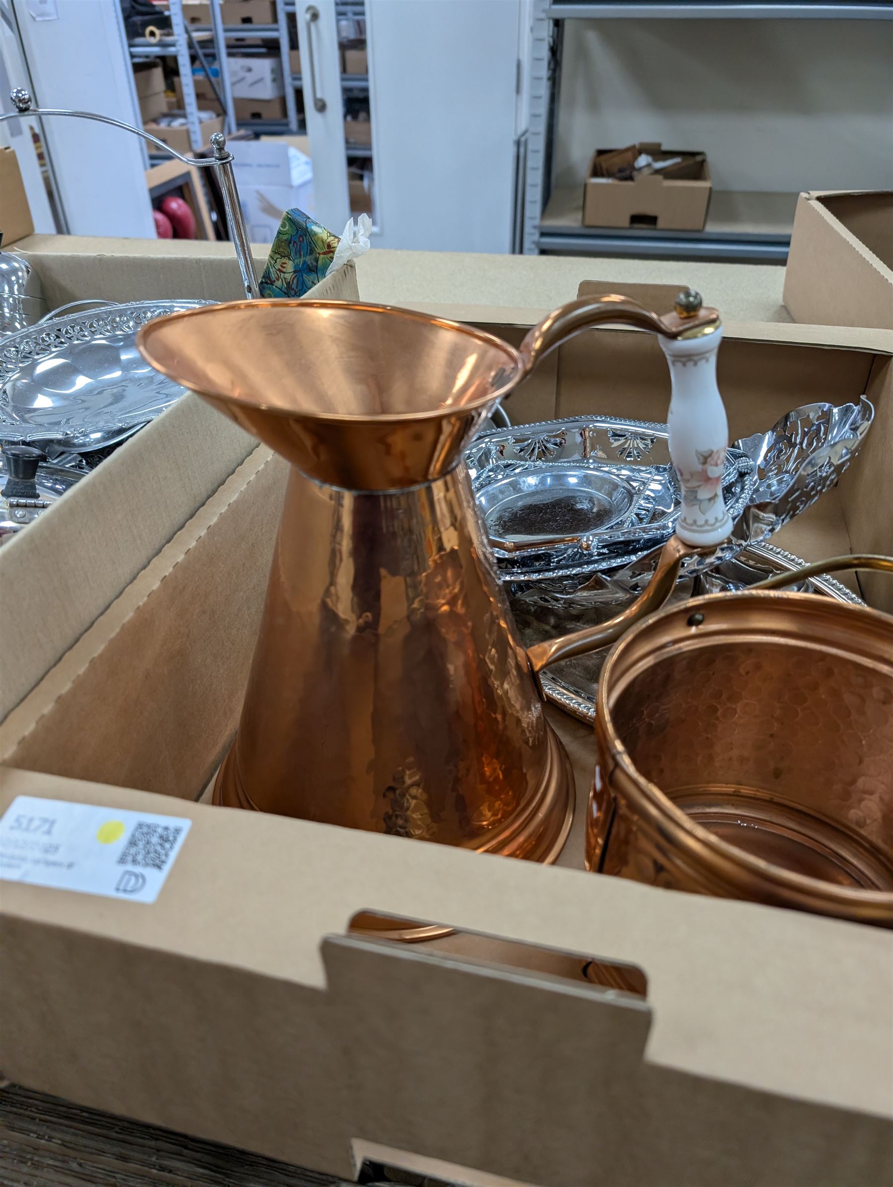 Quantity of metalware, including copper jug and bucket with ceramic handles, silver plated tea wares, souvenir spoons, etc