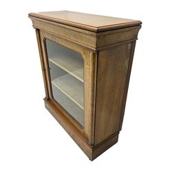 Victorian inlaid walnut pier display cabinet, moulded rectangular top over cavetto frieze, the moulded upright inlaid with scrolling foliage, fabric lined interior fitted with two shelves enclosed by single glazed door, on moulded plinth base 