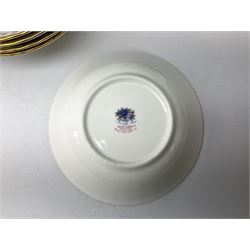 Royal Albert Moonlight Rose pattern tea and dinner service for six place settings, comprising dinner plates, side plates, bowls, salt and pepper, cake plate, three tier cake stand, teapot, teacups and saucers, open sucrier, and milk jug
