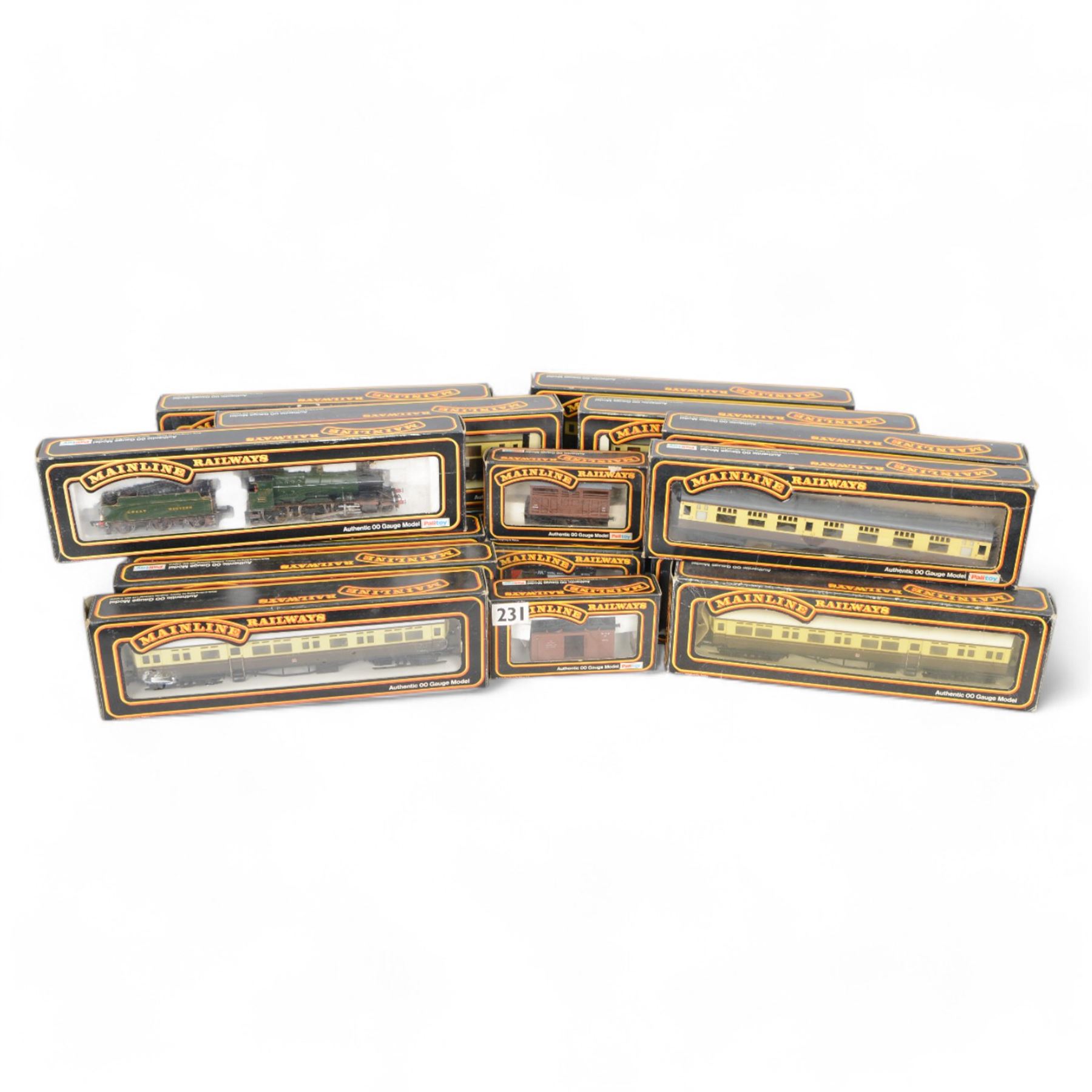 Two Mainline Railways '00' gauge locomotives, including 37090 Mogul Locomotive GRW green, together with five Mainline Railways '00' gauge goods wagons and fourteen coaches, including Cornish Riviera Examples, all boxed 