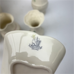 Belleek Basket-Weave table lamp decorated with shamrocks, H45cm (including shade) together with seven other pieces of Belleek 