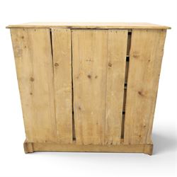 Victorian waxed pine chest, fitted with two short and three long drawers, turned wooden handles, raised on plinth base