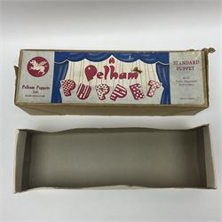 Pelham Puppet - a rare type SM Harlequin circa 1950s with painted black face mask, black felt hat, green ruff and red white chequered suit, H31cm; in original box with instructions 