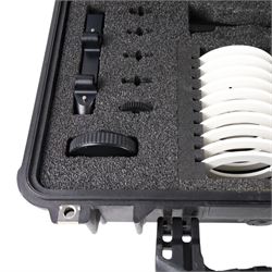 Arri FF5 Follow Focus Kit, comprising follow focus adapters for 19mm and 15mm rods, left side and right sides knobs, twelve marking discs, short whip with knob and toffee hammer, contained within a Peli 1500 case