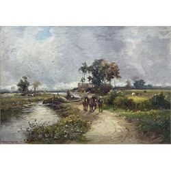 William Manners (British 1860-1930): Figure and Horses Tugging Canal Boat, oil on board signed and dated 1910, 25cm x 35cm