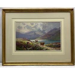 Edgar Longstaffe (British 1852-1933): Highland Cattle and Sheep in Mountain Landscapes, pair watercolours and gouache signed with monograms 23.5cm x 37cm (2)