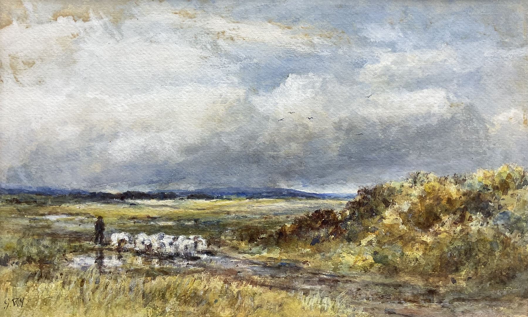 George Russell Gowans (Scottish 1843-1924): Tending to the Flock, watercolour signed with initials 21cm x 34cm