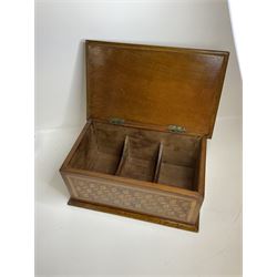 19th Century mahogany and parquetry box of rectangular form, geometric cube design, with a stylised sun detail to the hinged cover, opening to reveal three compartments, L33cm D21cm H16cm
