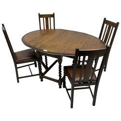 20th century oak barley twist dining table, moulded drop-leaf top, gate-leg action base on spiral turned supports (106cm x 54cm - 154cm, H71cm); together with a set of four dining chairs 