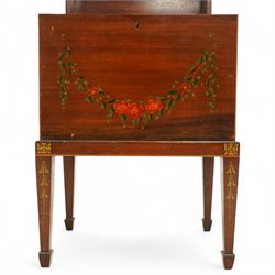 Edwardian painted mahogany and satinwood music cabinet, of rectangular form with domed hinged lid, the front and top decorated with hand-painted floral garlands and a central neoclassical panel depicting cherubs, raised on square tapering legs with gilt highlights