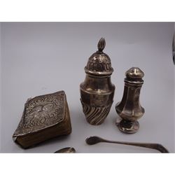 Group of silver, including pepper shaker, salt cellar, sugar tongs and a bible