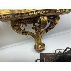 Five various giltwood and other hall brackets, one with marble top; and Viking ship table lamp