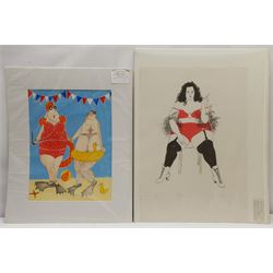 S Barnes (British Contemporary): 'The Bathers', watercolour unsigned 40cm x 30cm; Kay Scott (British Contemporary): 'Bertha Bud', screenprint signed titled and numbered 6/20 in pencil 40cm x 24cm; Ann Edwards (British Contemporary): 'Well Coordinated' and 'Foo Foo Lamar', pair screenprints signed titled and numbered in pencil 30cm x 24cm (4) (unframed)