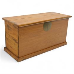 Burmese hardwood and brass inlaid marriage chest, the hinged top enclosing a fitted interi...