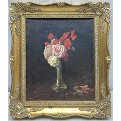Percy Morton Teasdale (Staithes Group 1870-1961): Still Life of Roses, oil on canvas signed with initials 30cm x 25cm