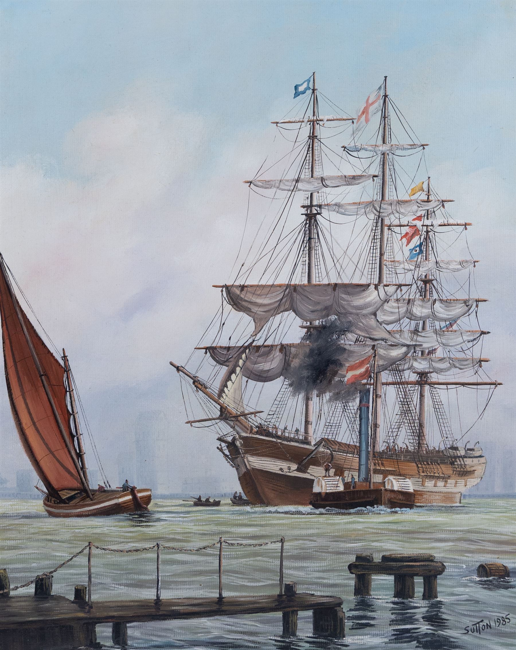 Keith Sutton (British 1924-1991): 'Malabar - Blackwall Frigate' and 'Royal Sovereign', two oils on canvas board signed and dated 1984 and 1985, in matching frames, 50cm x 40cm