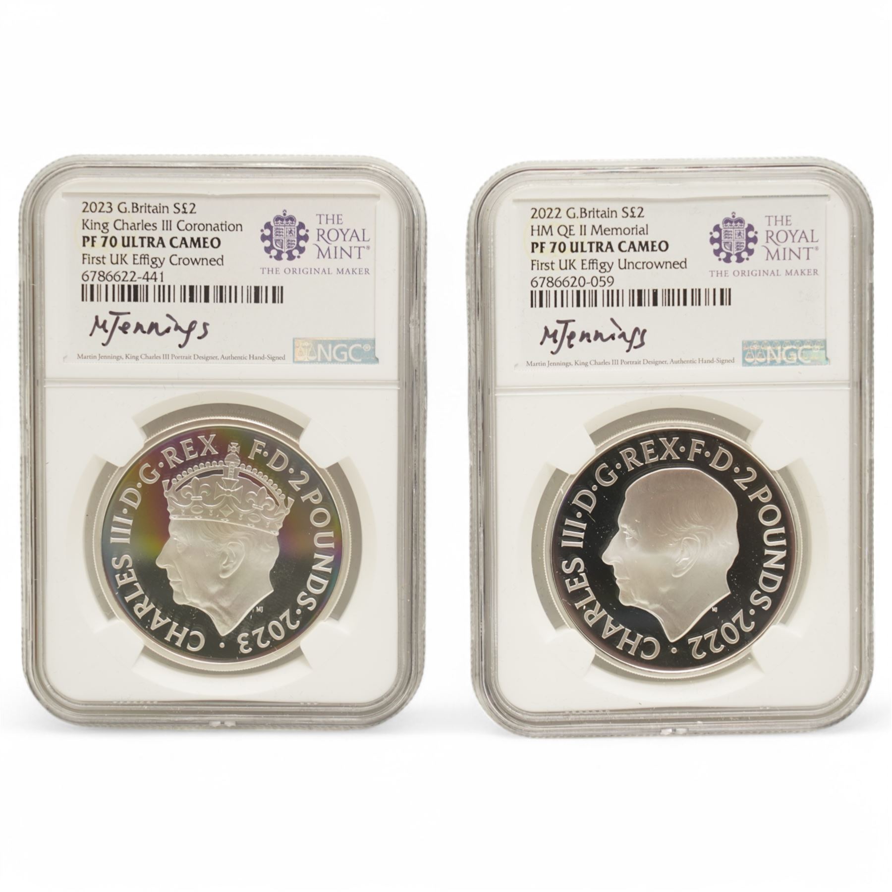 The Royal Mint United Kingdom 'His Majesty King Charles III Silver Proof Effigy Set' comprising 2022 and 2023 silver proof two pound coins each encapsulated and graded 'PF 70 Ultra Cameo' by NGC, cased with certificate
