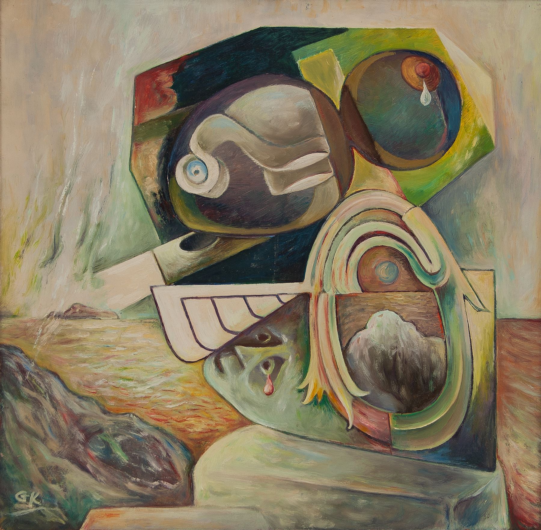 Graham Kingsley Brown (British 1932-2011): ‘Siren Rock’, oil on board, signed titled and dated 1985 verso, 59.5cm x 65cm 
Notes: This is a very rare, one-off, larger work, which employs clear abstract forms of in a style of the mid 1980s which followed the surrealist pieces. The 'Siren Rock' refers to the Greek myth 
of the Sirens of Homer’s Odyssey,  female humanlike beings with alluring voices who lured sailors to their death.