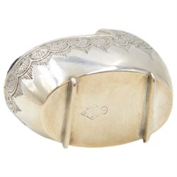 Victorian silver novelty pin cushion, in the form of a baby's crib, engraved with floral decoration, with blue velvet cushioned centre, hallmarked Horace Woodward & Co, Birmingham 1880, H4cm