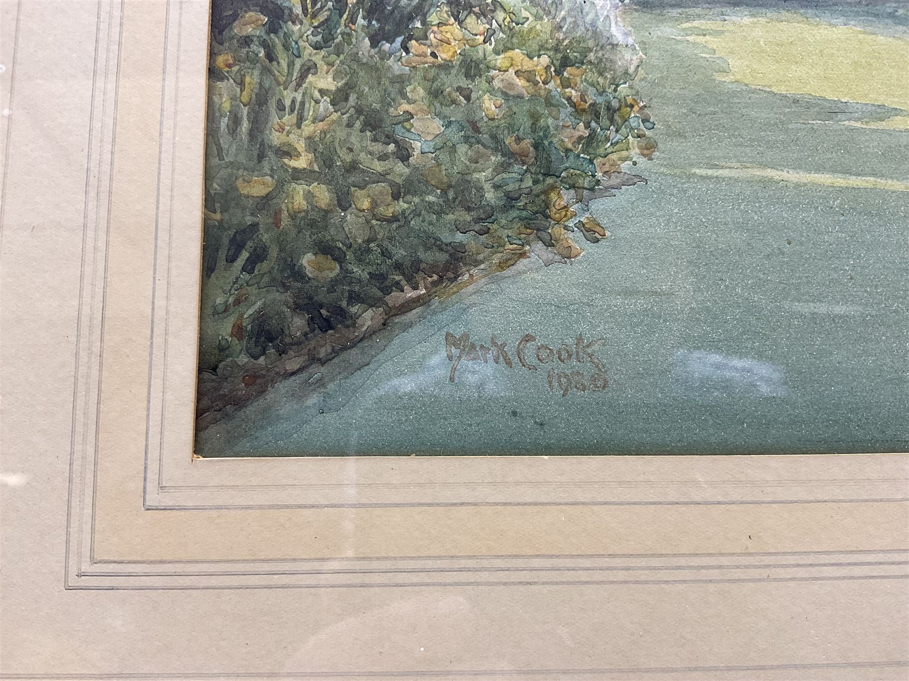 Mark Cook (Chester 1868-1951): 'The Rock Garden - Heron Bridge', watercolour signed and dated 1930, titled on label verso 24cm x 31cm; Barry Claughton (British 20th century): Ladies at the Pond, watercolour signed 35cm x 48cm; Cliff Oldfiend (British Contemporary): 'A Walk in Silpho', watercolour signed, titled verso 25cm x 37cm (3)