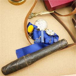 Britex Minor microscope in case, pair of 9 x 35 binoculars by Ross, London, small brass miners safety lamp, small telescope, drawing instruments etc