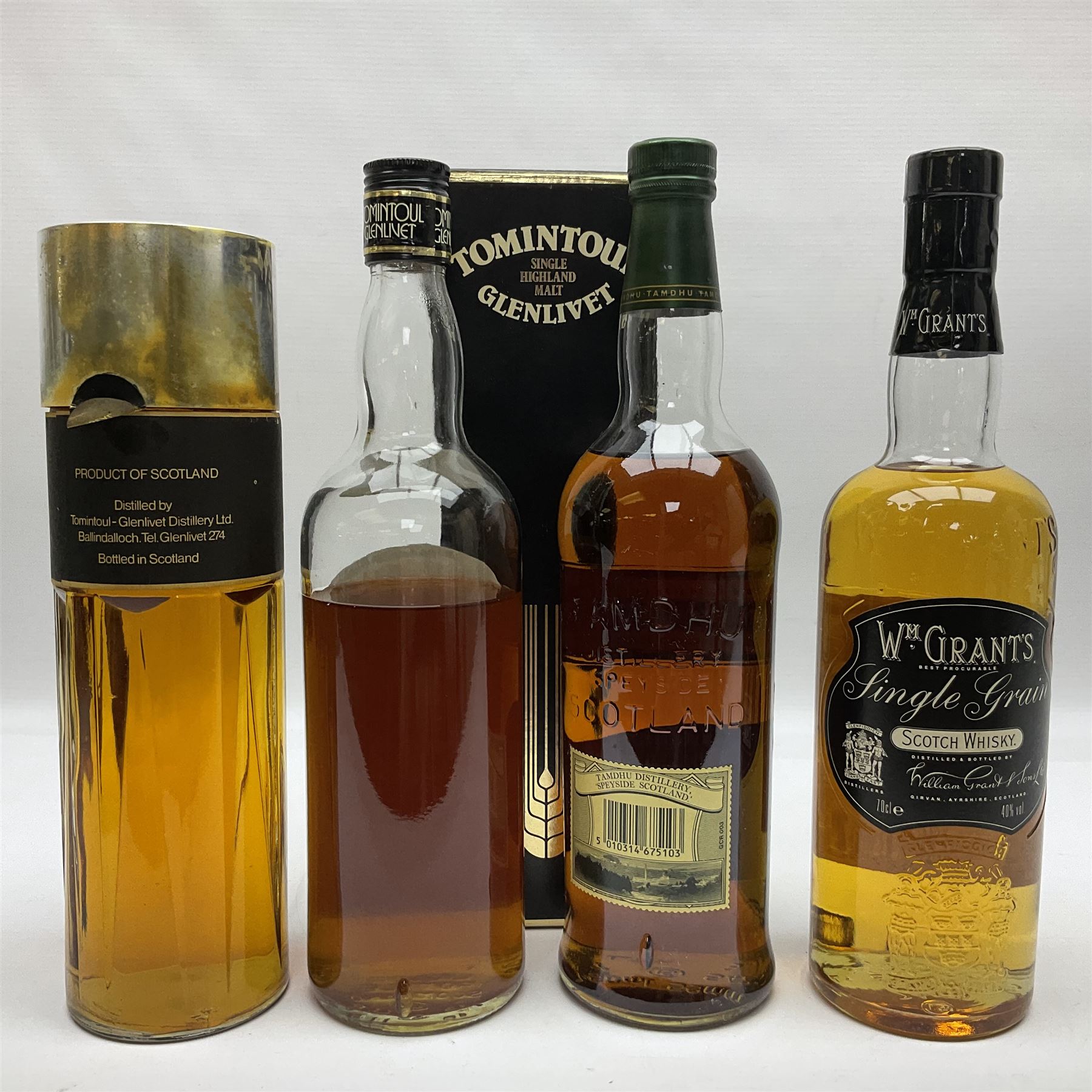 Tomintoul Glenlivet, single highland malt Scotch whisky, 1980s perfume bottling, Tomintoul Glenlivet, 8 Years Old, single malt Scotch whisky, Tamdhu, 10 year old, single malt Scotch whisky and W.M Grants, single Scotch whisky, various contents and proof 