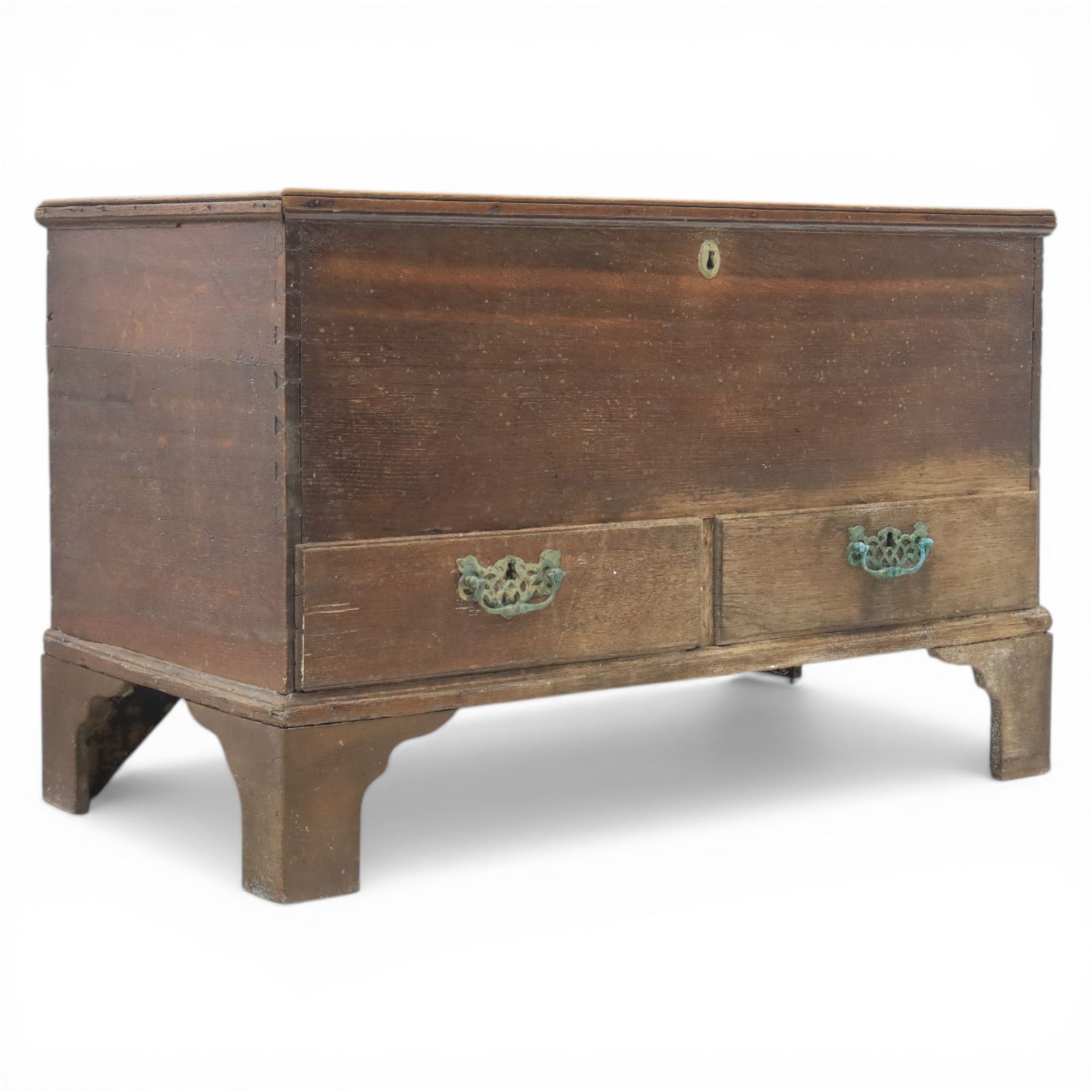 19th century oak mule chest, with lidded top above two short drawers, raised on bracket feet