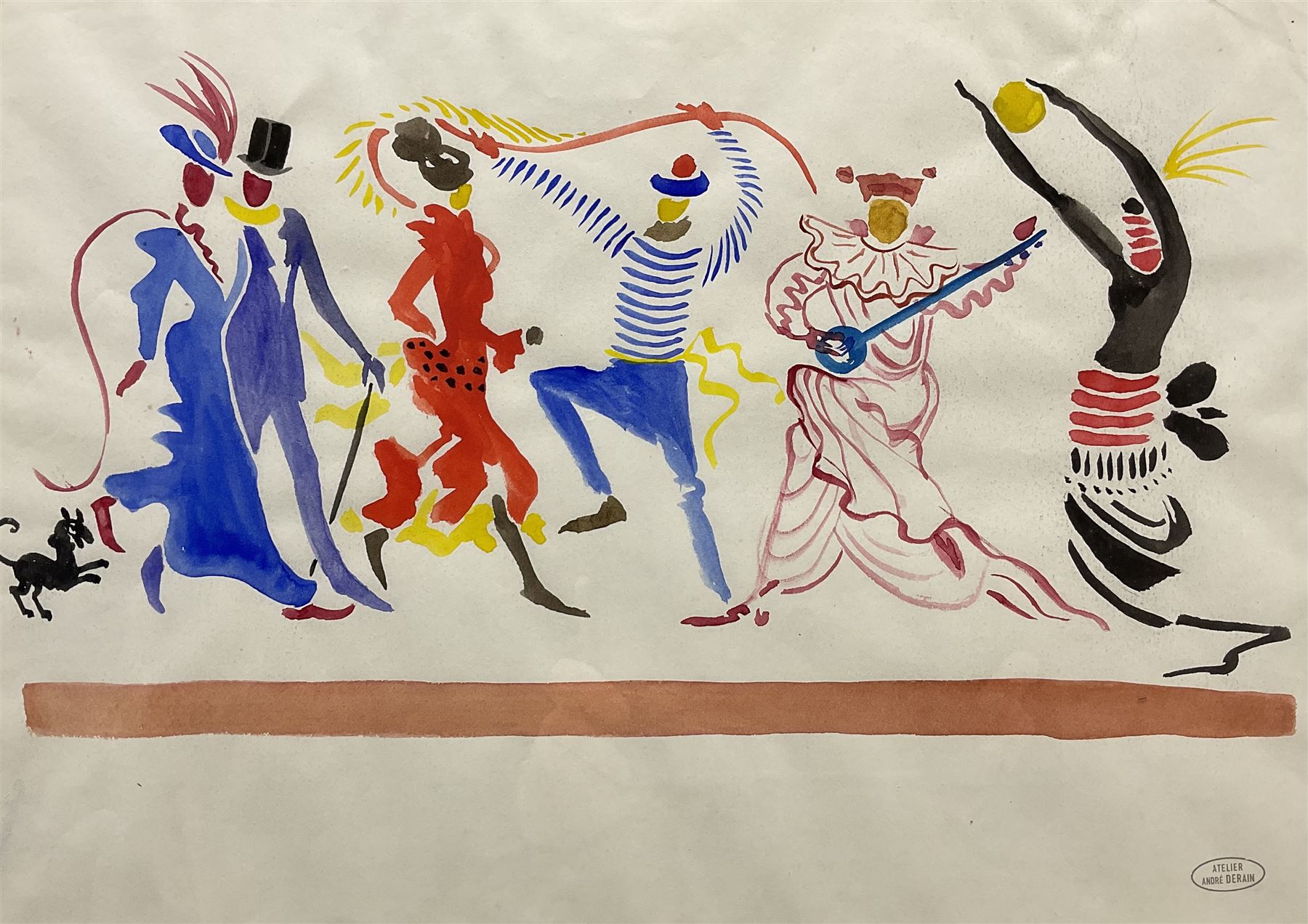 Andre Derain (French 1880-1954): Carnival Figures, watercolour signed with studio stamp 29cm x 41cm