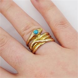 Victorian gold coiled snake ring, the head set with a single stone turquoise, stamped 15ct