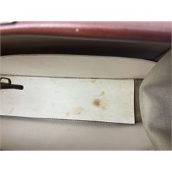 Brass oil lamp, with etched floral glass shade, leather Gladstone style doctors bag, leather satchel and vintage vanity case, three graduating wooden giraffes and other wood and metal ware, lamp H54cm