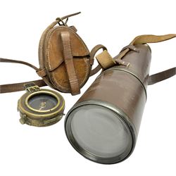 Broadhurst Clarkson brass and leather 4-draw telescope, the first draw with graduations, sliding lens shroud and leather covers for both ends on shoulder strap; marked 'Broadhurst Clarkson & Co. Ltd. 63 Farringdon Road London E.C.', L87cm fully extended; together with a WWI brass marching compass marked F-L No.123113 1918 (broad arrow); crudely etched L.H. McD. Latham; in associated Brooks & Co. leather case dated 1913 stamped W.B. Constable (2)