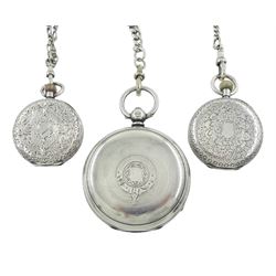 Victorian silver open face lever pocket watch by A Mears & Co, Camden Town, case by English Watch Company, Birmingham 1893, two smaller fob watches, all on Victorian and later silver watch chains