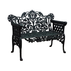  Victorian style cast iron garden bench, with ornate leaf back and lattice arms on scroll feet, H88cm, W100cm  