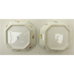  Pair early 20th century Berlin pottery dishes, hand painted with courting couple within a floral border, L12cm   