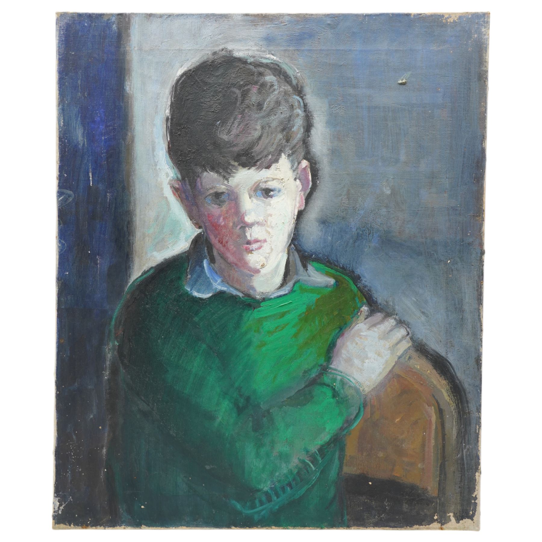 John Gilbey Bowles (British 1929-2011): Portrait of a Boy Wearing a Green Jumper, oil on canvas unsigned 61cm x 51cm (unframed)