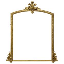 Mid-to late 19th century giltwood and gesso overmantel mirror, Prince of Wales feathers pediment decorated with flower heads, foliage and thistles, arched moulded frame with interlacing floral and ribbon decoration and outer bead, matching feather corner brackets