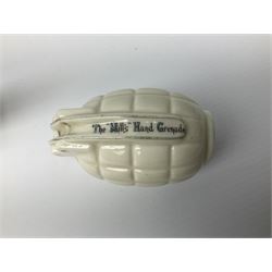 Three pieces of crested ware, comprising grenade detailed 'The Mills Hand Grenade' with Filey Crest, marked beneath Grafton China, a cannon with crest banner detailed 'Sterlini Oppidvm', marked beneath W H Goss, and a submarine with Tunbridge Wells crest, marked beneath Arcadian China 