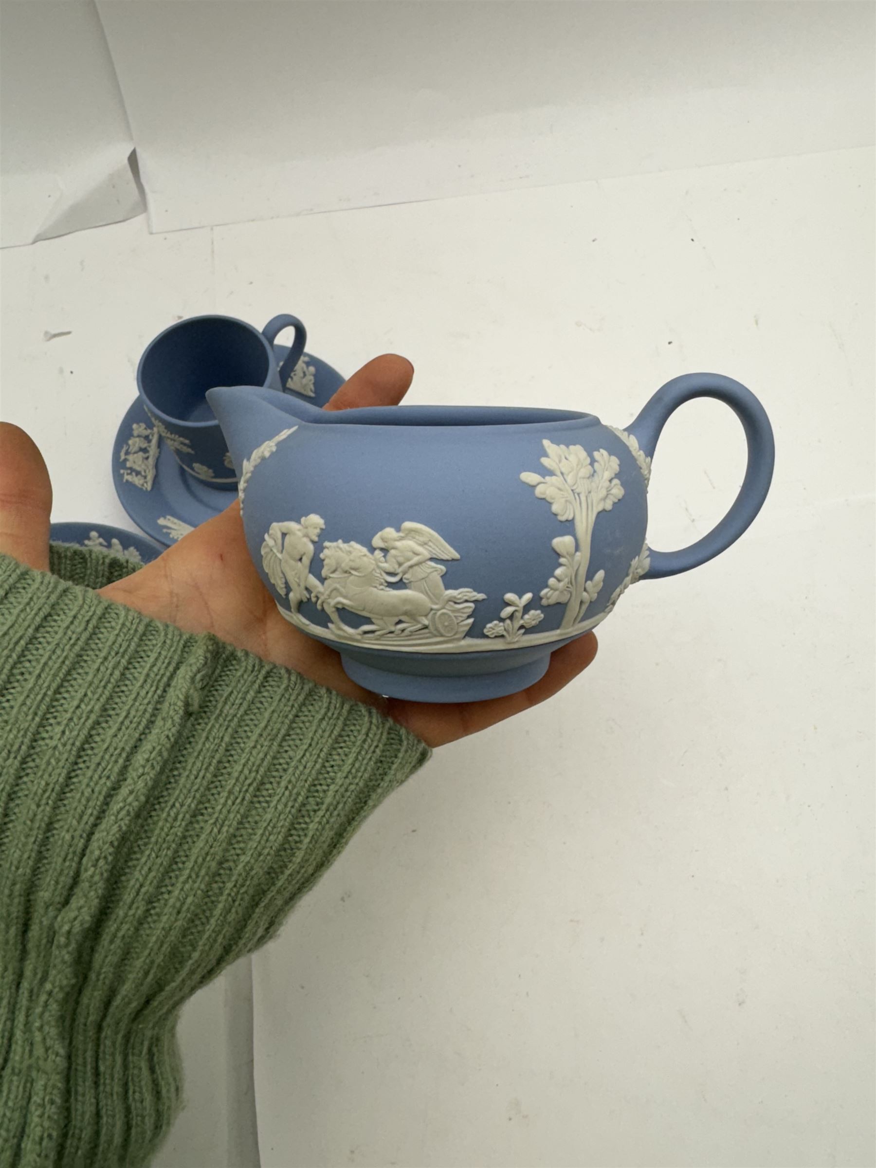 Wedgwood Jasperware tea and coffee wares, comprising teapot, coffee pot, milk jug, covered sucrier, coffee can and saucer and teacup and saucer 