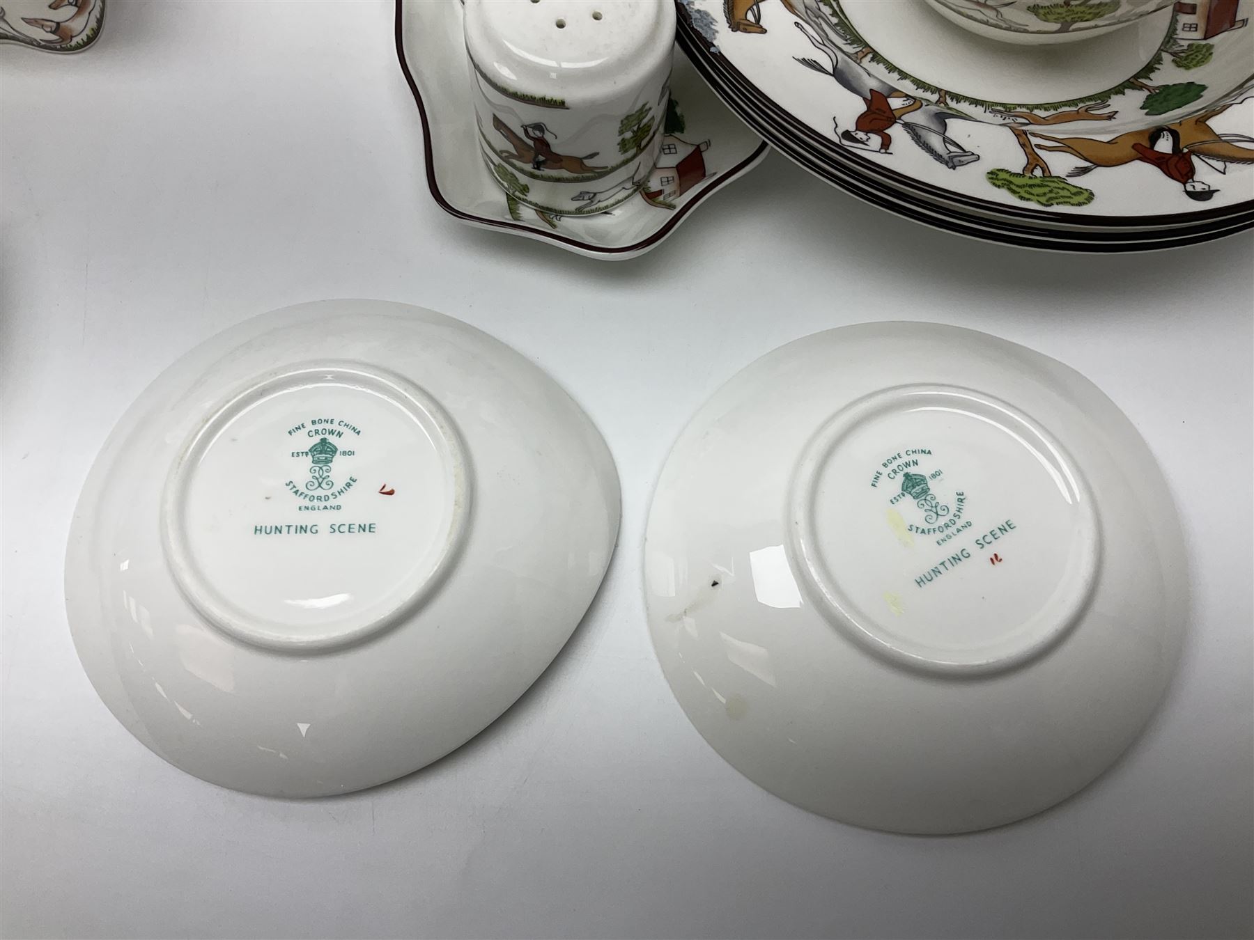 Wedgwood Hunting Scenes dinner and tea service for ten, to include dinner plates, side plates, dessert plates, cups and saucers, mugs, two large teapots, two milk jugs, etc, together with matching items by coalport and Staffordshire (94)