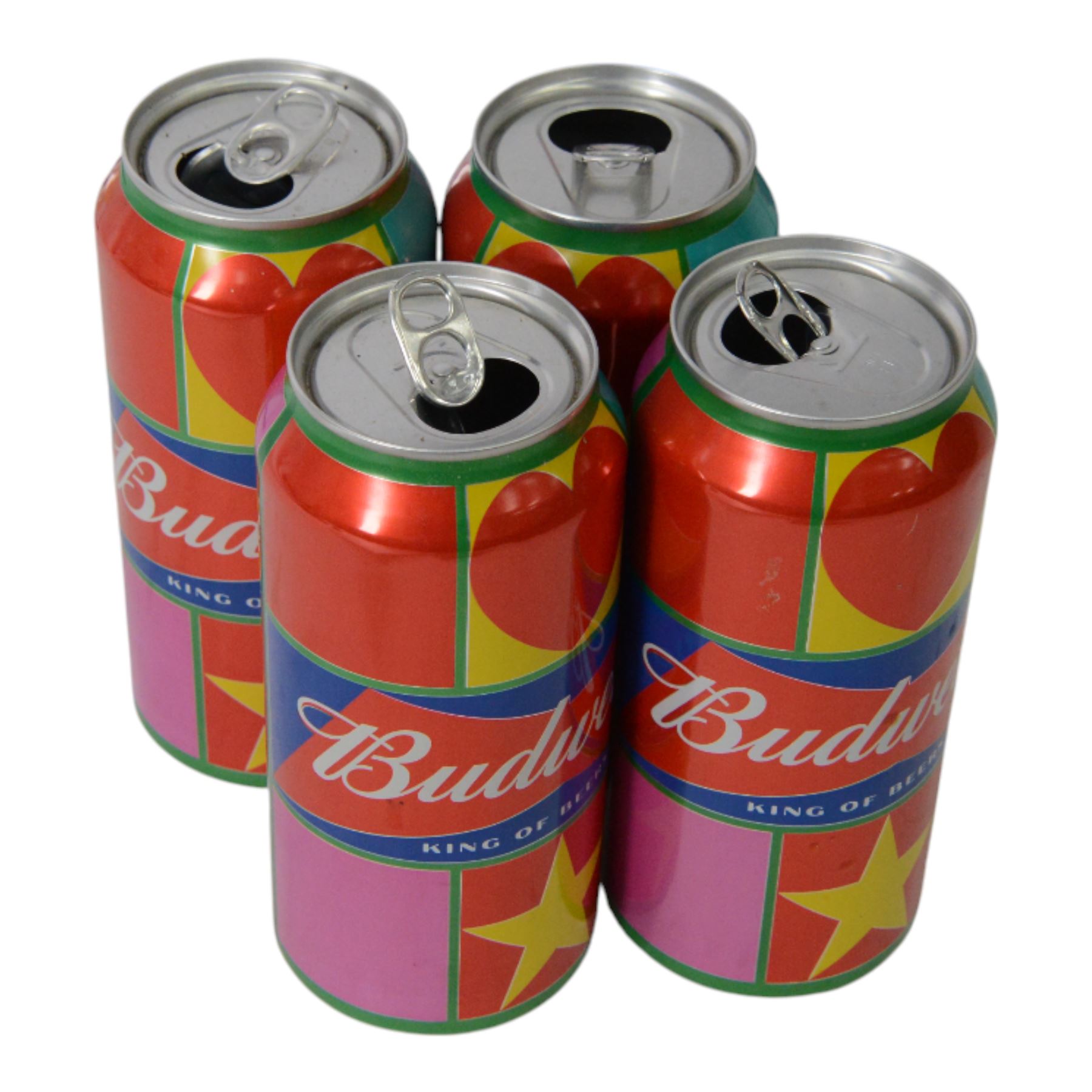 Peter Blake books and memorabilia, including I Love You and ABC books, Replay postcards, two framed Comic Relief face masks and four limited edition Budweiser beer cans