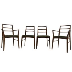 Richard Hornby for Fyne Ladye - set of six (4+2) mid-20th century dining chairs, ladder back over green faux leather upholstered drop-in seat, on tapering supports