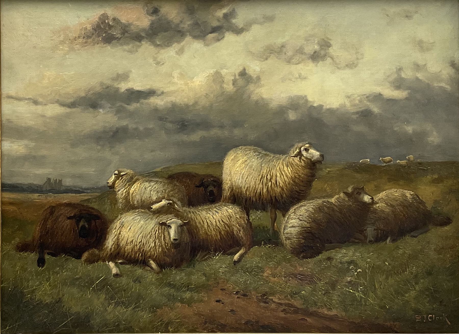 Samuel Joseph Clark (British 1834-1912): Sheep in Landscape, oil on canvas signed 29cm x 38cm