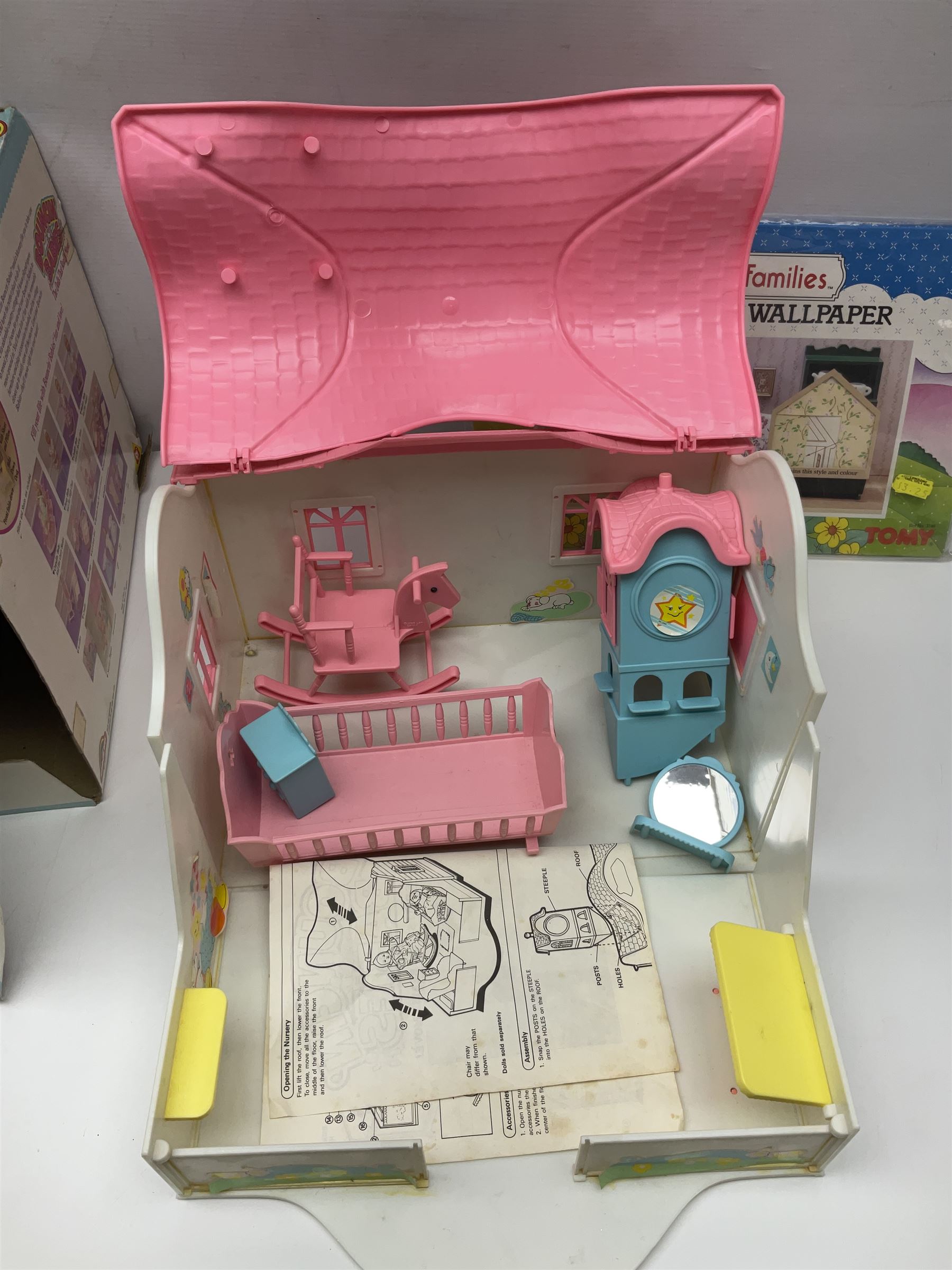 1980s Epoch Sylvanian Families - Country Kitchen Utensil Set and Playpen with Mobile; both boxed; together with assorted loose furniture, playground equipment, grocery shop stock etc; Penny's Pony Club Set in folding stable box; and boxed Bouncin' Babies Nursey Playset