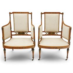 Pair of Victorian Sheraton Revival painted satinwood armchairs, the cresting rail painted ...