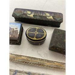 Two 19th century glass tear catcher lachrymatory bottles, together with a Japanese lacquered box and two similar, a trinket box with ceramic cover and a small pewter figure of Confucius