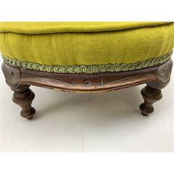 Two upholstered mahogany footstools with turned legs, W36cm